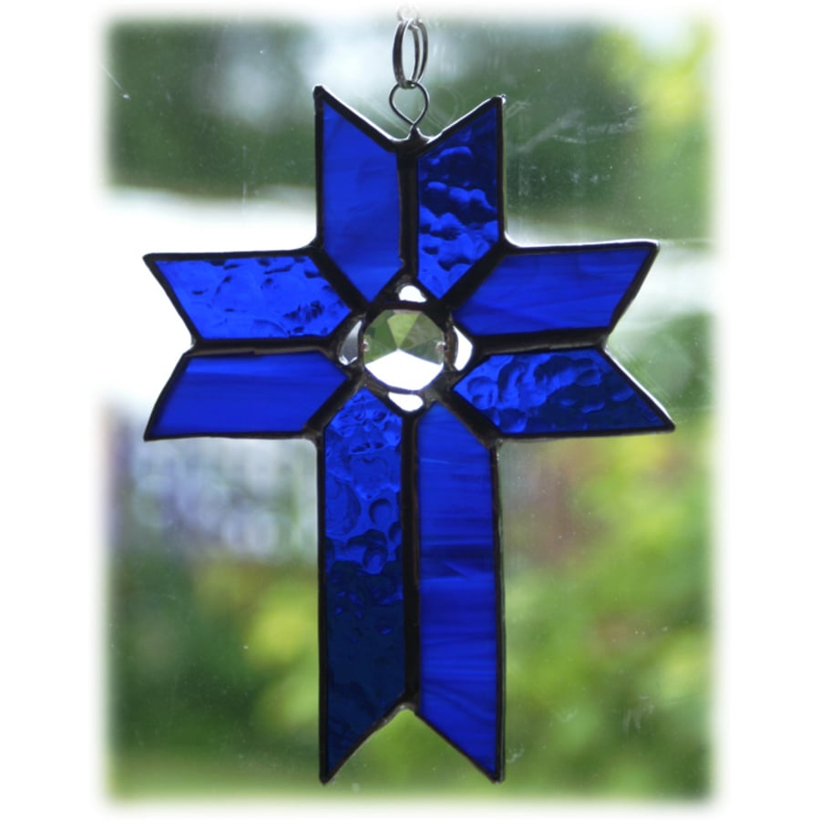 Cross Suncatcher Stained Glass Handmade Blue Crystal 