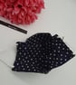 Face mask, small, nose wire,3 layer,  adjustable, washable in navy polkadot   - Image 8