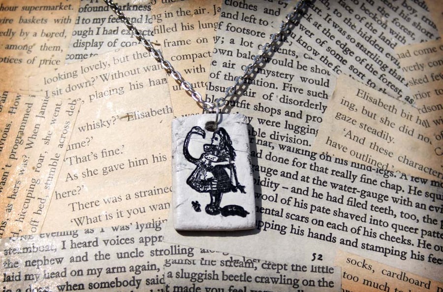 Alice in Wonderland Fairy Tale Flamingo Clay Silver Necklace