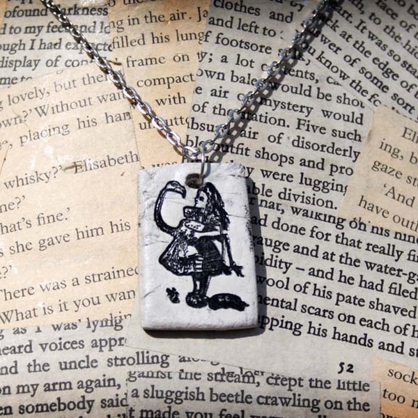 Alice in Wonderland Fairy Tale Flamingo Clay Silver Necklace