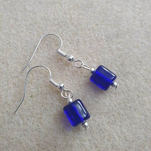 silver plated earrings with blue glass rectangular beads artisan boho style