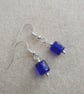 silver plated earrings with blue glass rectangular beads artisan boho style
