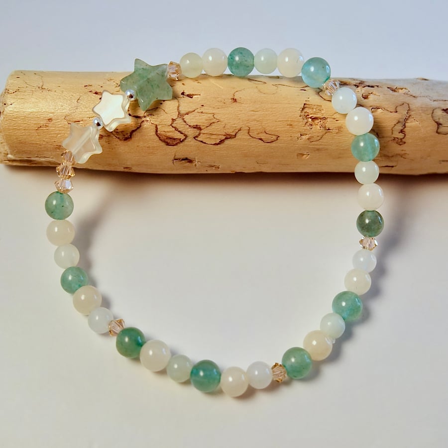 Star Bracelet - Aventurine, New Jade And Swarovski Crystal - Handmade In Devon