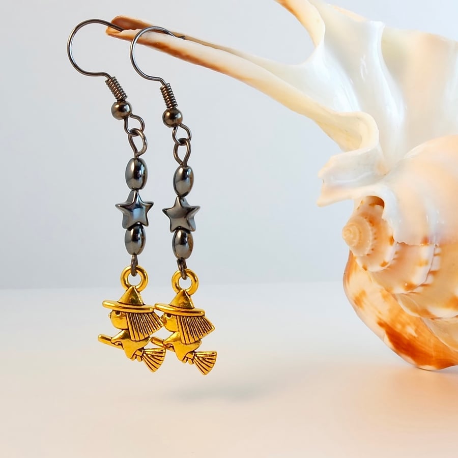 Halloween Earrings - Witch On Broomstick With Hematite Star - Free UK P&P