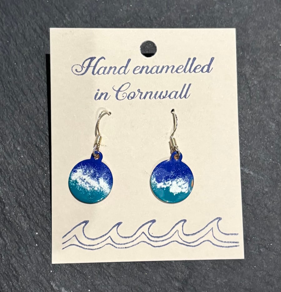 Hand enamelled Cornish sea earrings on sterling silver ear hooks