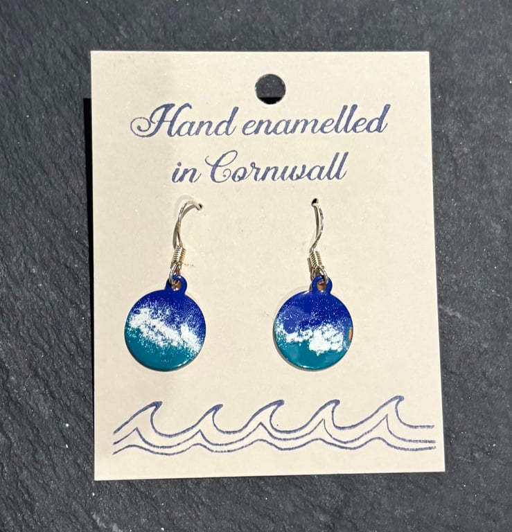 Hand enamelled Cornish sea earrings on sterling silver ear hooks