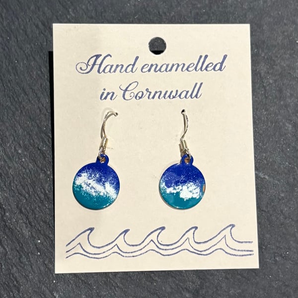 Hand enamelled Cornish sea earrings on sterling silver ear hooks