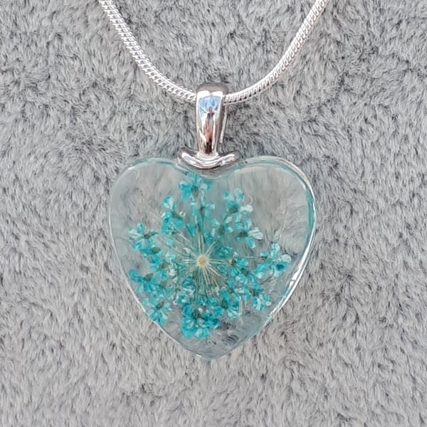 Dried flower glass pendant on silver chain