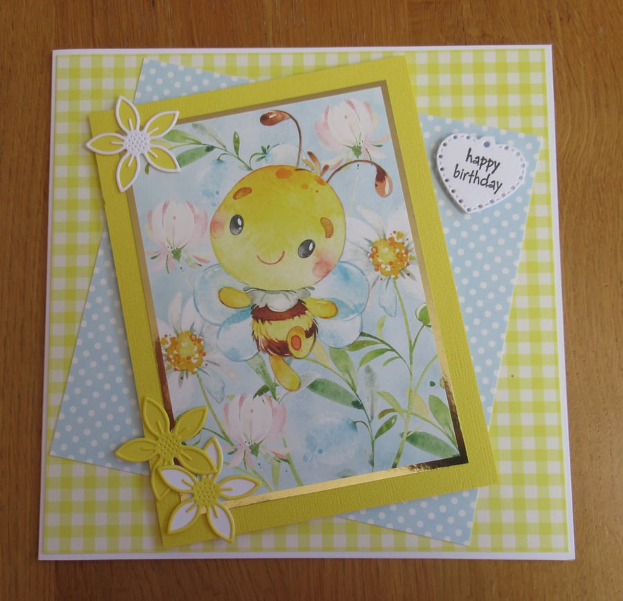 Cute Bee & Flowers - Large Birthday Card (19x19cm)