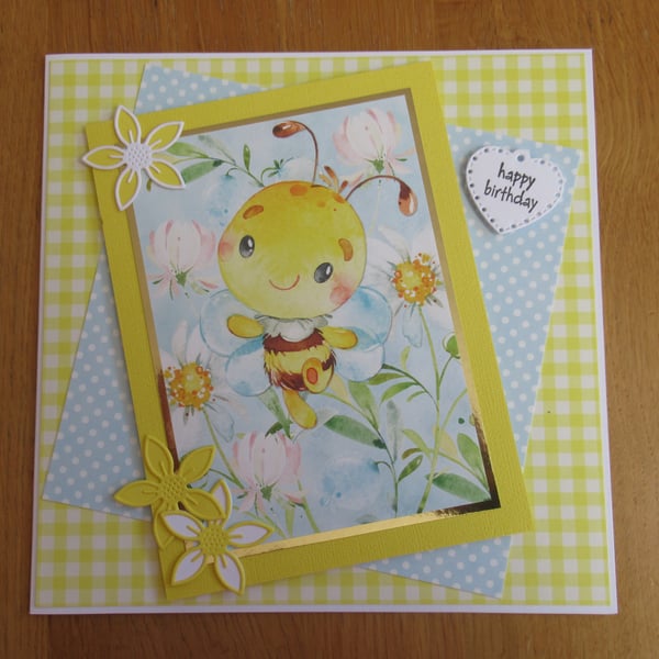 Cute Bee & Flowers - Large Birthday Card (19x19cm)