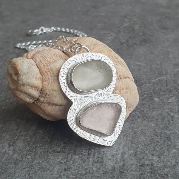 Pink and white seaglass necklace, Pastel pendant, Gift for beach lover