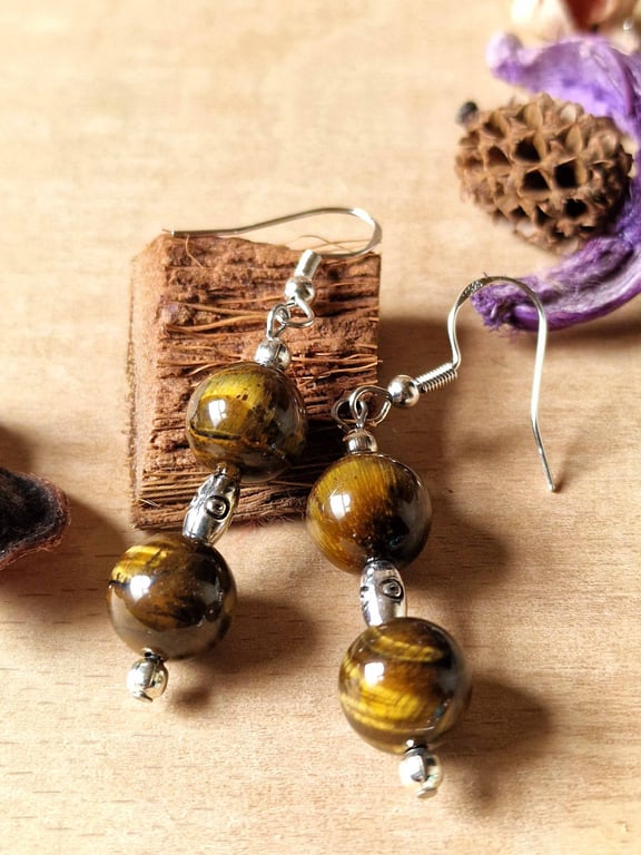 Tiger's Eye & Silver Drop Earrings, Natural Gemstone Gift