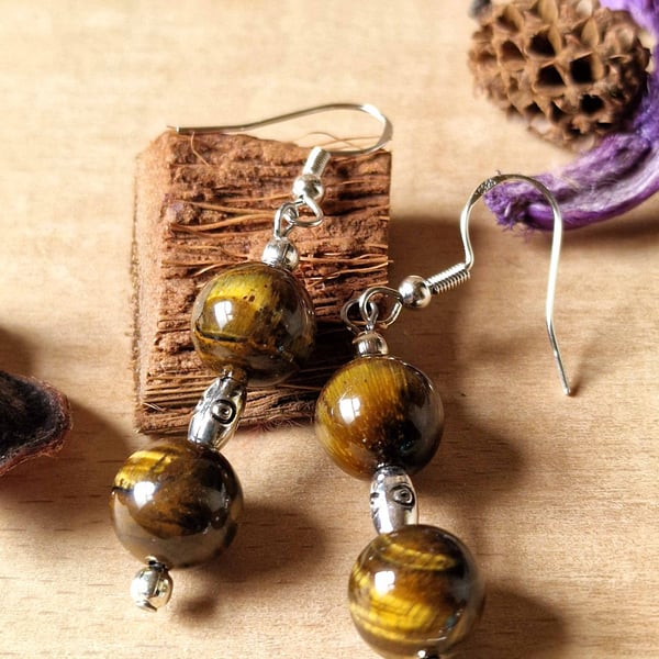 Tiger's Eye & Silver Drop Earrings, Natural Gemstone Gift
