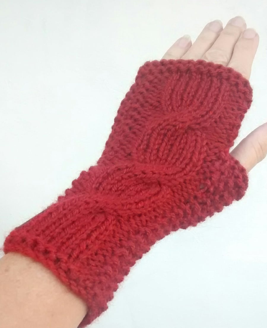 Russet Fingerless Gloves, Cable Knit Wrist Warmers