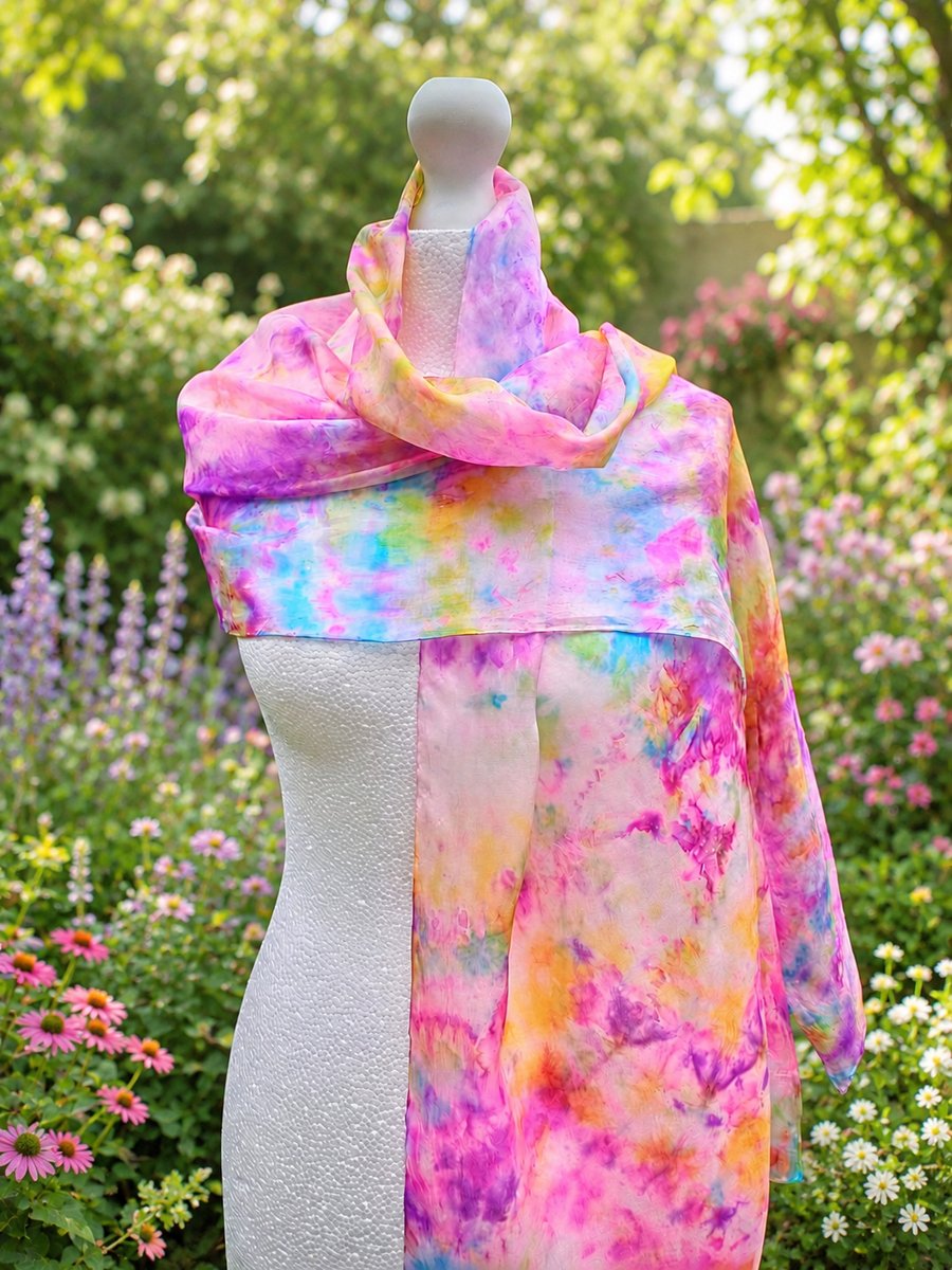 Stunning Hand Dyed Pure Silk Scarf. 'Flower Garden' A Beautiful Gift. 
