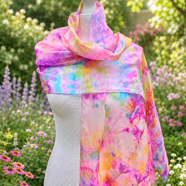 Stunning Hand Dyed Pure Silk Scarf. 'Flower Garden' A Beautiful Gift. 