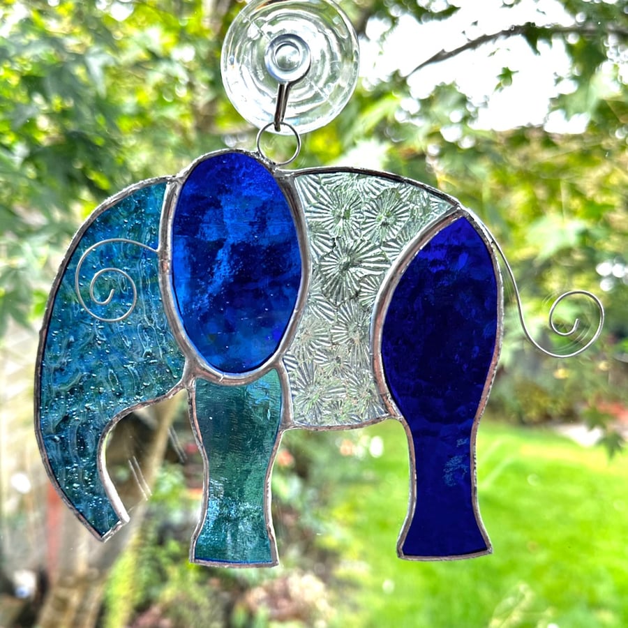 Stained Glass Large Elephant Suncatchers - Handmade Hanging Decoration - Blue