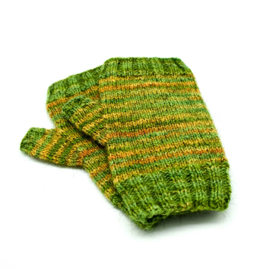 SOLD - Hand Knitted fingerless mittens - Medium - Green and Yellow stripes