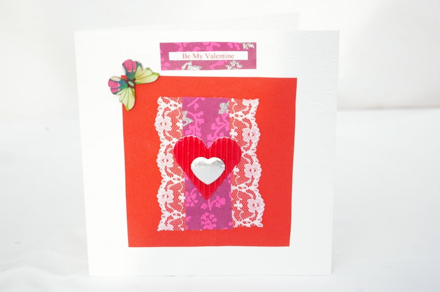 Hand made Valentine Day Card with hearts, lace and butterfly