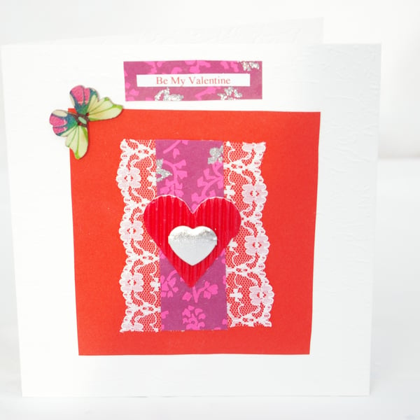 Hand made Valentine Day Card with hearts, lace and butterfly