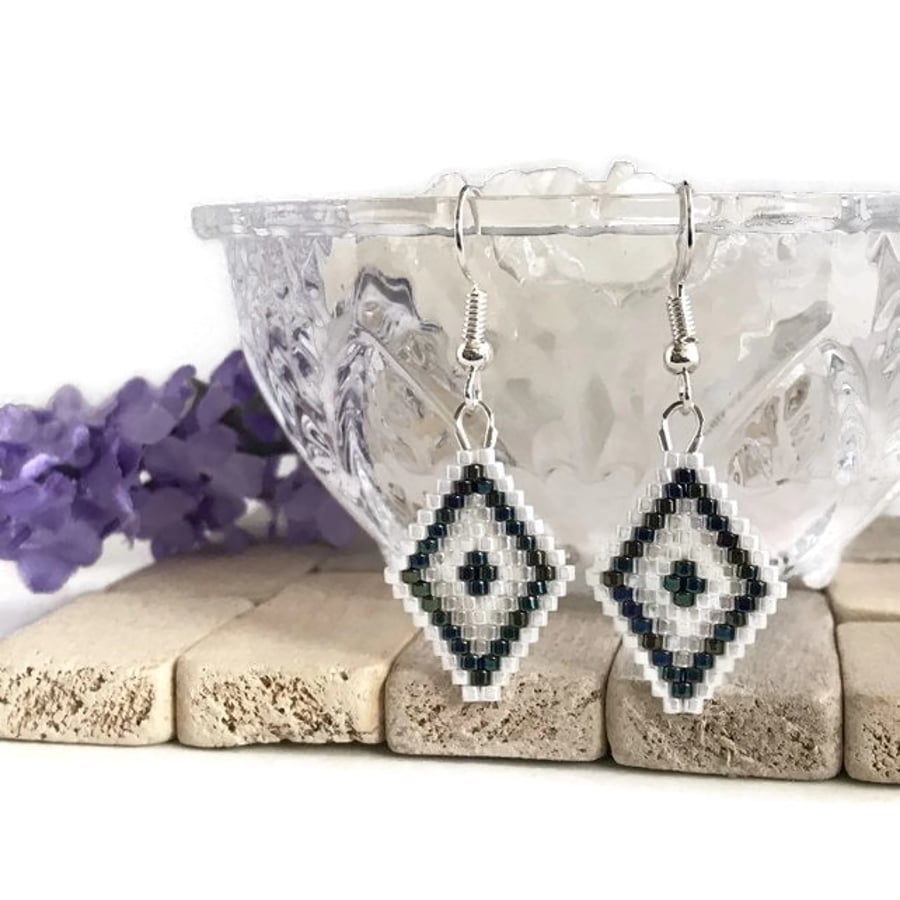 Monochrome Twist Beaded Diamond Shaped Earrings