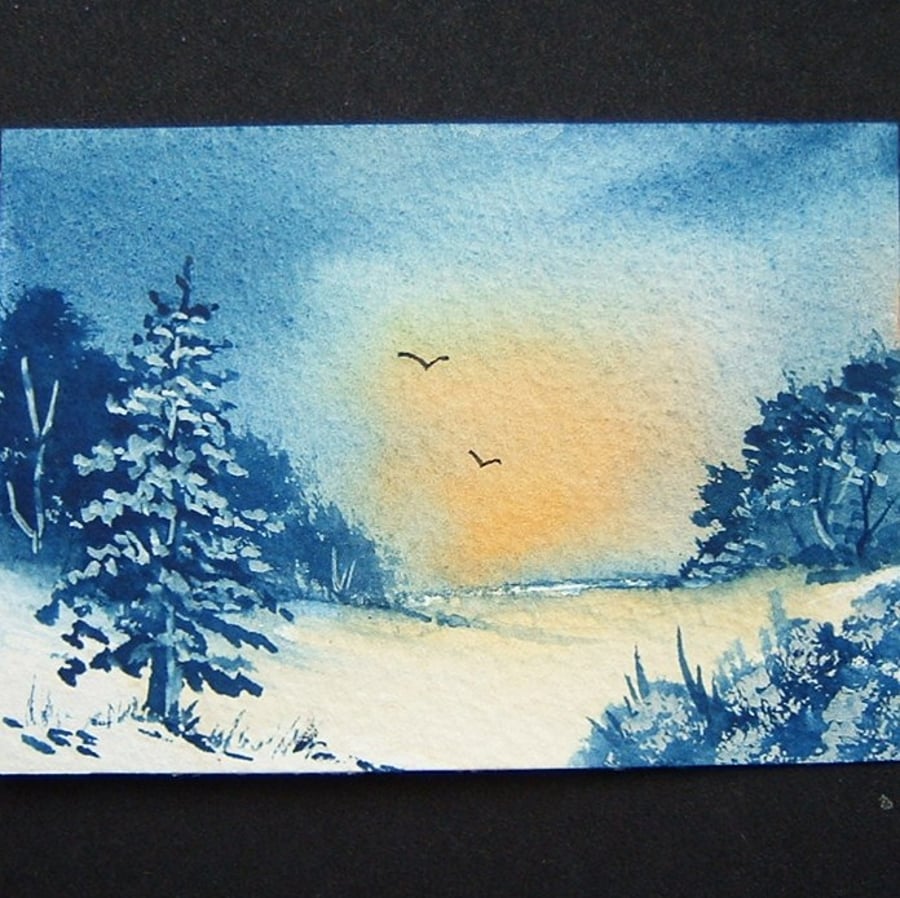 sunset winter snow art painting aceo ref 163