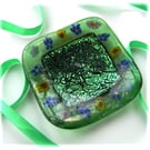  Fused Glass Trinket Dish Green Floral Crinkle Dichroic 9.5cm 