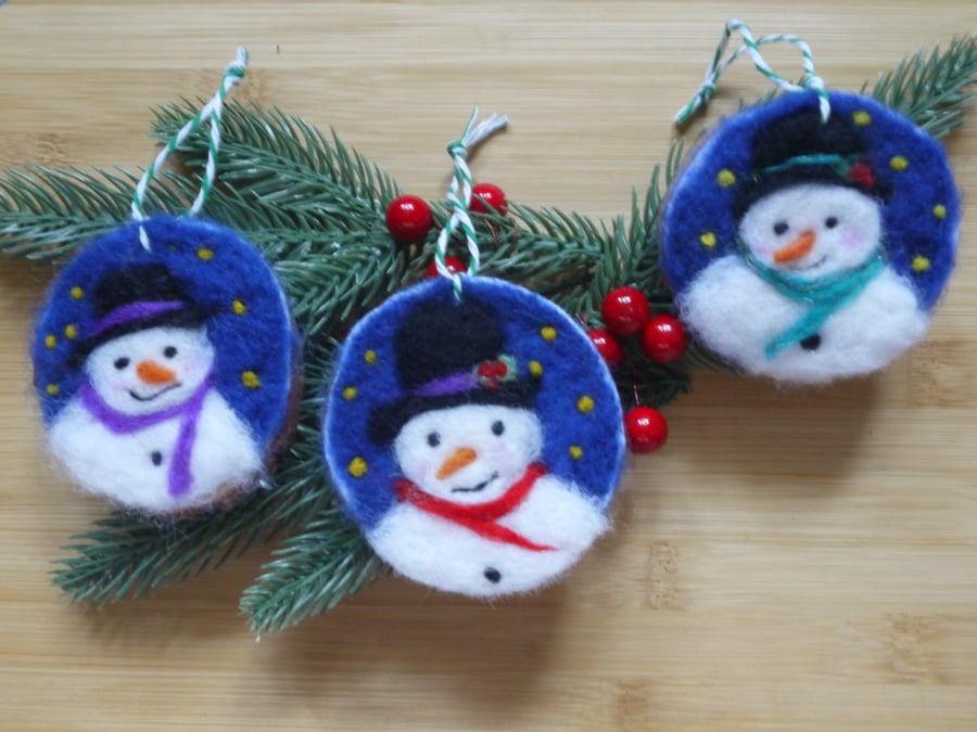 Set of 3 Needle felted handmade Snowmen christmas ornaments or gift toppers