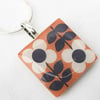 Unusual  Silver Plated Scandinavian Folk Orange Ceramic Tile Necklace Pendant