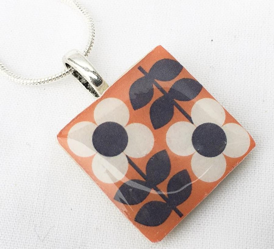 Unusual  Silver Plated Scandinavian Folk Orange Ceramic Tile Necklace Pendant