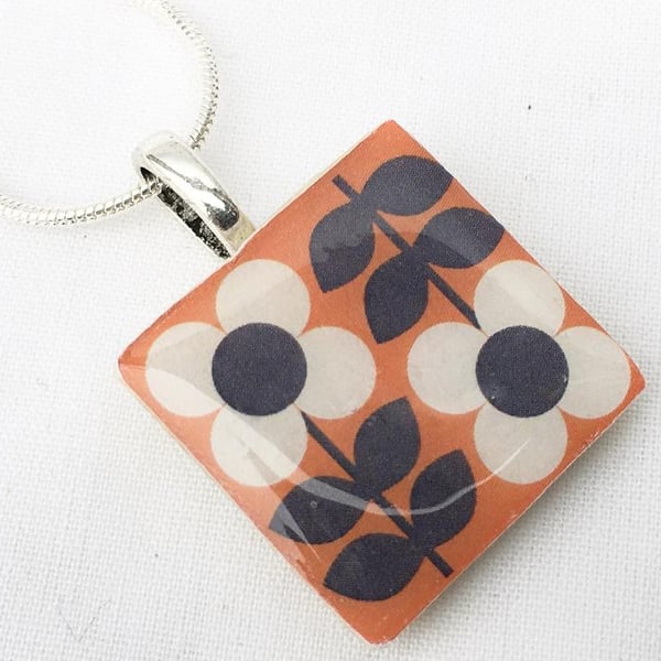 Unusual  Silver Plated Scandinavian Folk Orange Ceramic Tile Necklace Pendant