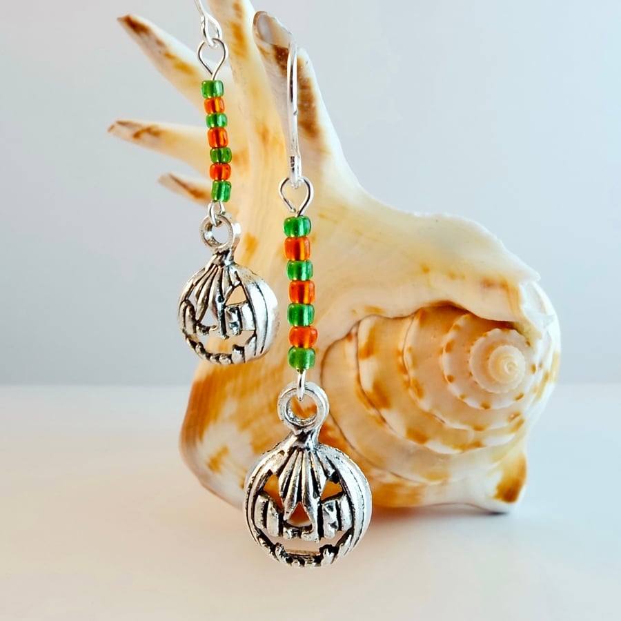 Halloween Pumpkin Earrings With Green And Orange Glass - Free UK P&P