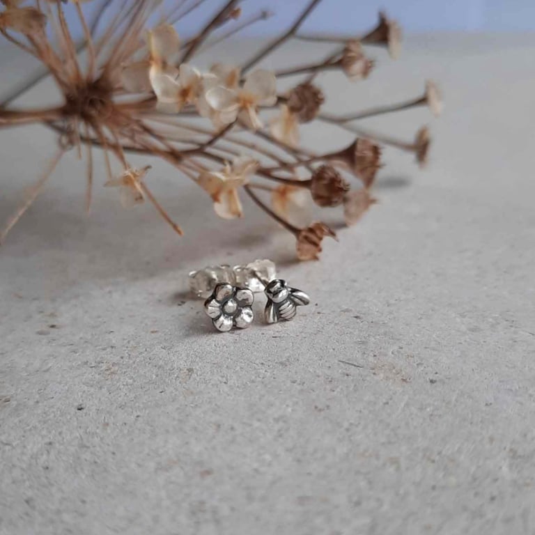 Teeny Tiny Silver Bee and Flower Mismatched Stud Earrings - Oxidised Silver