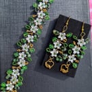 Green Floral Bracelet and Earrings Set with Tourmaline Beads