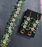 Green Floral Bracelet and Earrings Set with Tourmaline Beads
