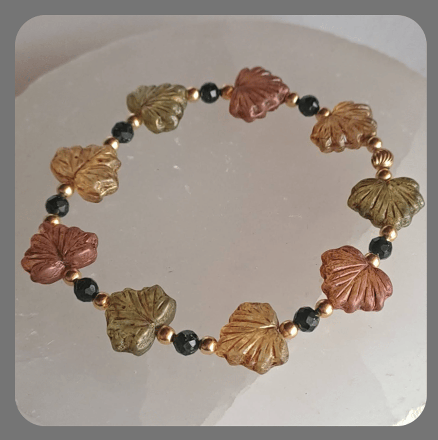 Czech glass, Green Goldstone and Vermeil Maple Leaves bracelet