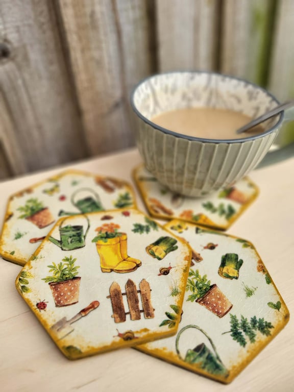 Garden Party Hexagon Wooden Coasters - Set of 4 Handcrafted Summer Table Decor