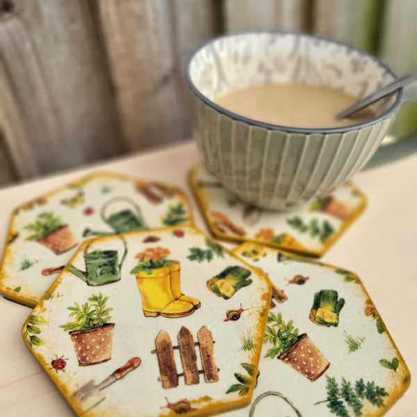 Garden Party Hexagon Wooden Coasters - Set of 4 Handcrafted Summer Table Decor