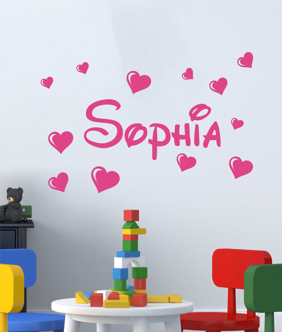 Personalised Boys or Girls Name With Hearts Wall Sticker Disney Decal Vinyl Deco