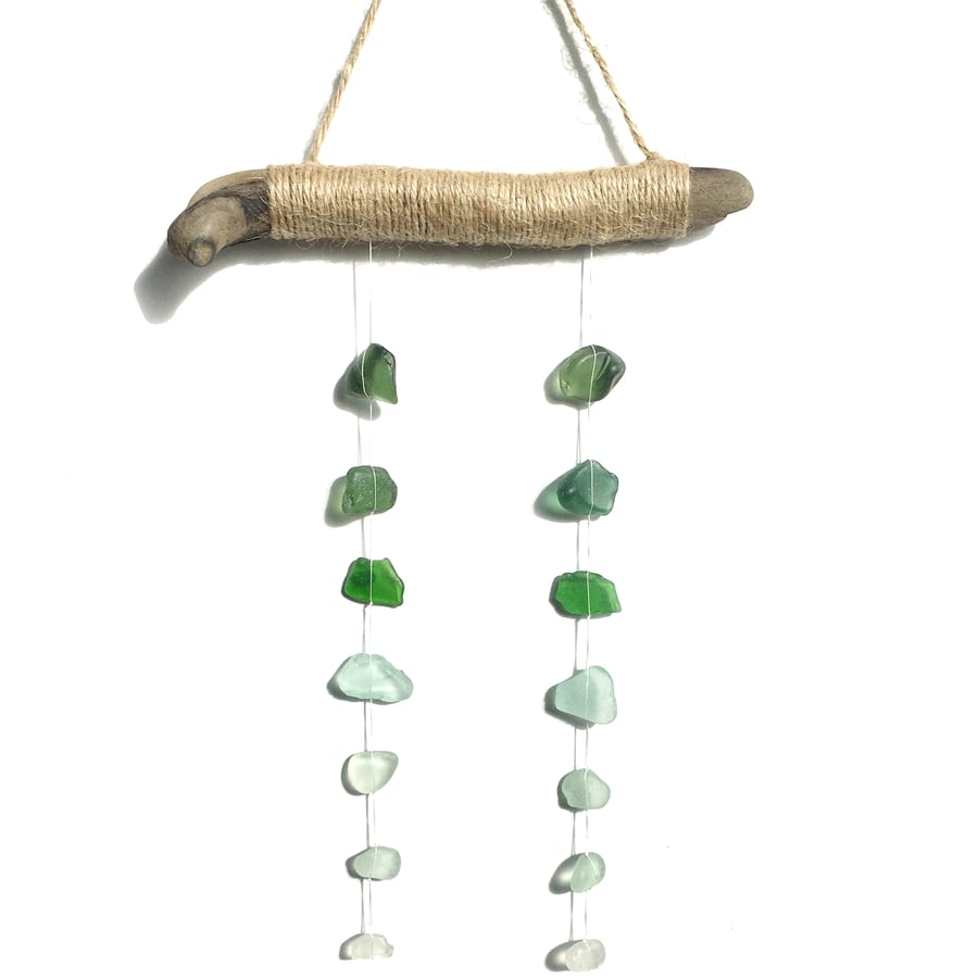 Green Sea Glass & Driftwood Suncatcher - Handmade Scottish Seaglass Twine Mobile