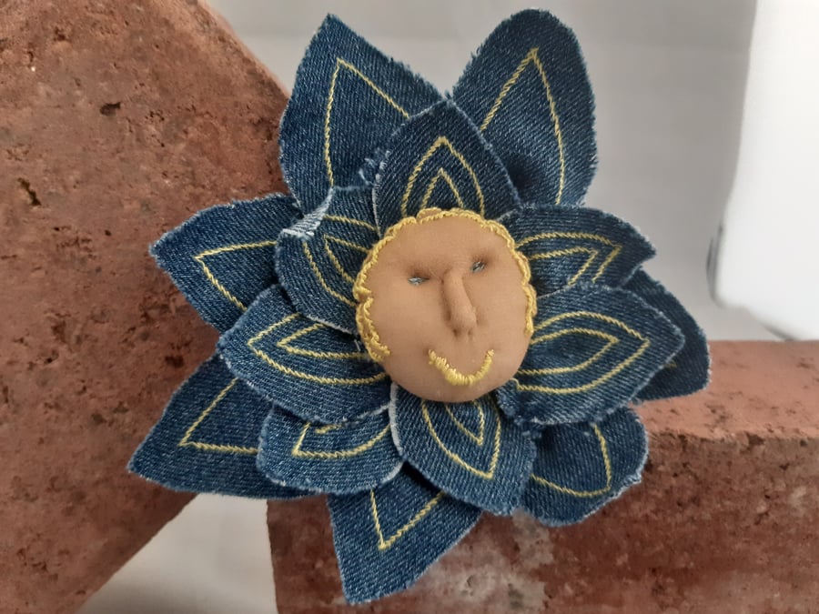 Flower Babies Brooches - Denim with Yellow Sitching