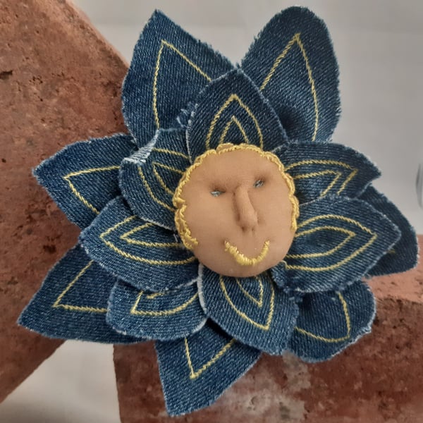 Flower Babies Brooches - Denim with Yellow Sitching