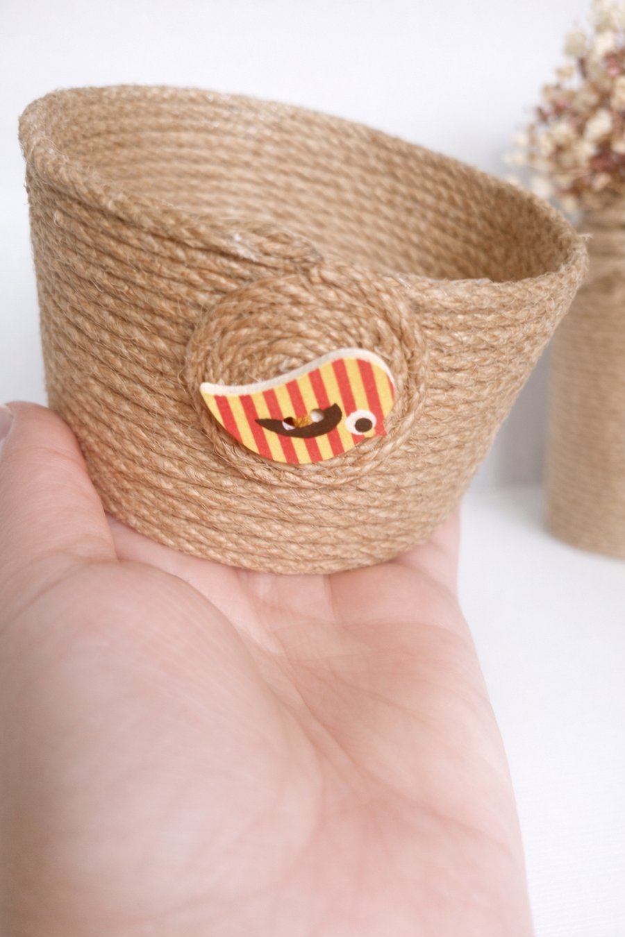 Handmade Twine Pot Small Rustic Storage Basket Cute Decorative Detail.