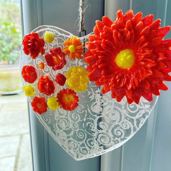 Handmade Fused Glass Heart with Glass Flowers Gift for Mothers Day