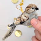 Needlefelt hanging House Sparrow bird decoration - female 