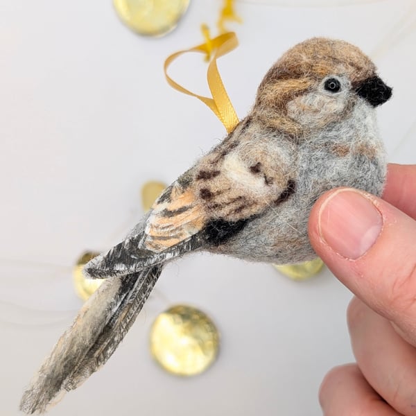 Needlefelt hanging House Sparrow bird decoration