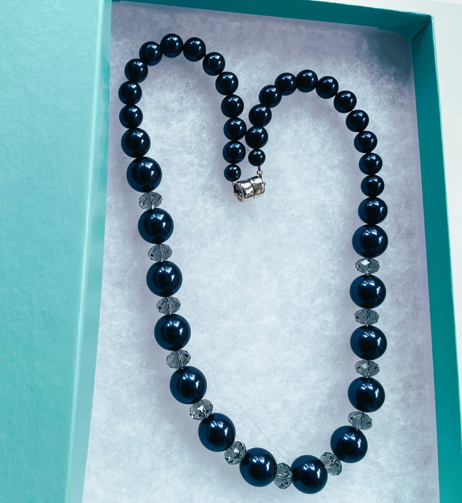 Navy blue pearl and crystal necklace. Classic elegant evening chic gift