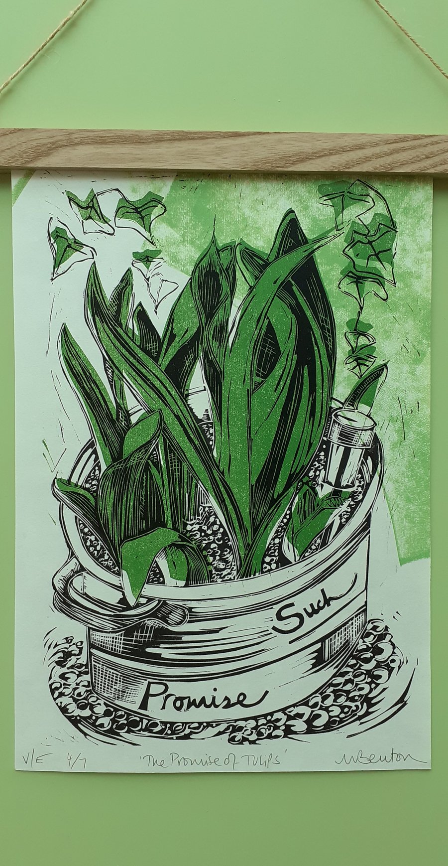 'The Promise of Tulips', Two Block Lino Print over Green (VE no.4 of 7)