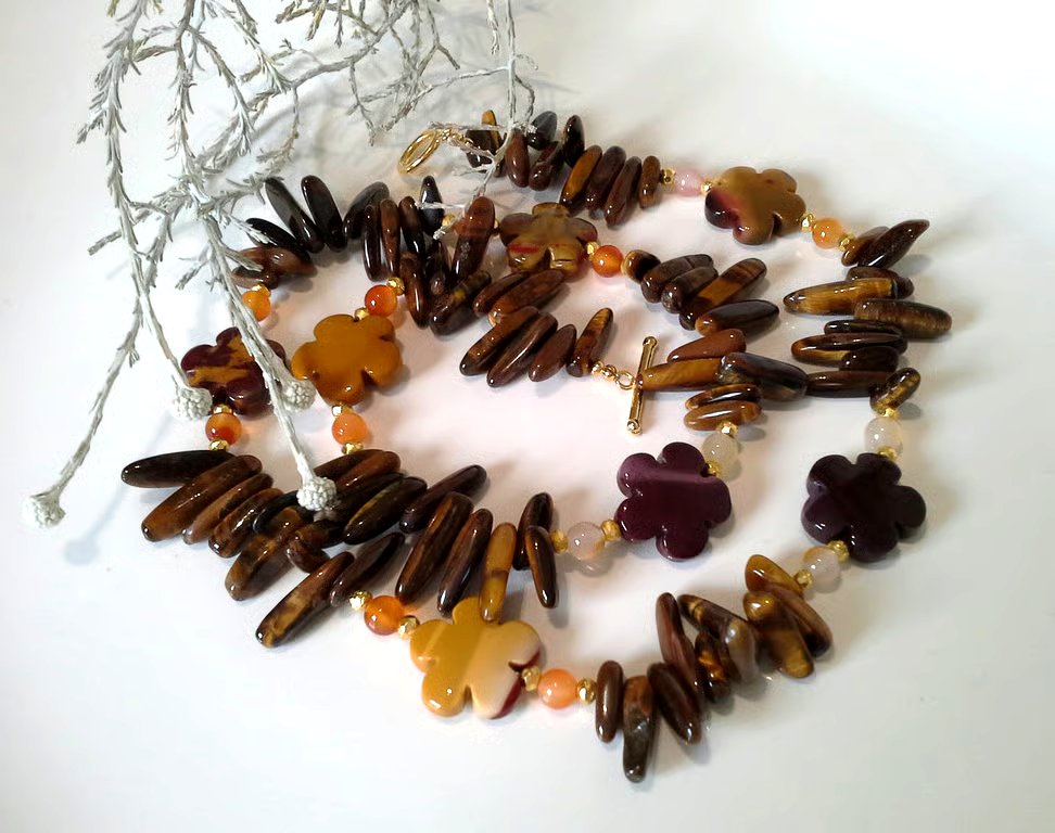 Statement Mookite, Tiger's Eye, Carnelian Gold Vermeil Necklace  ONE OFF