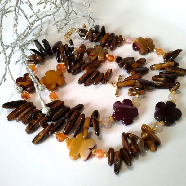 Statement Mookite, Tiger's Eye, Carnelian Gold Vermeil Necklace  ONE OFF